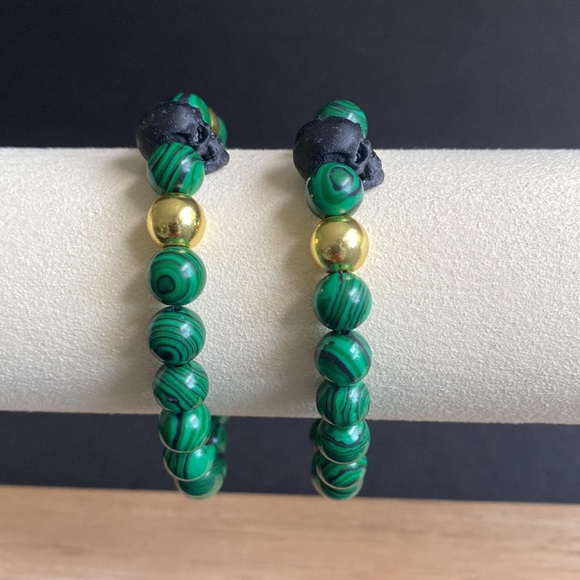 Malachite & Gold Skull Bracelet - Picture 3 of 6